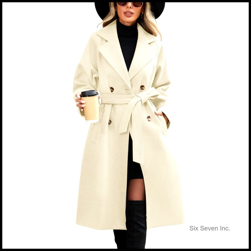 Women's Long Sleeve Pea Coat With Belt, Double Breasted Trench Coat